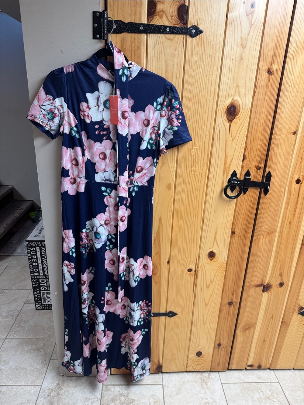 Floral Navy Short-Sleeve Maxi Dress with Pink Bloom Print